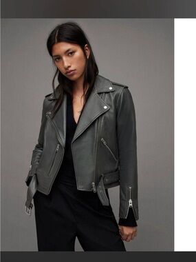 AllSaints Gray Leather Biker Jacket
